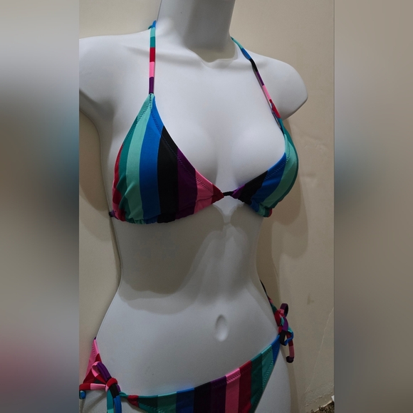 Colorful Striped String Bikini Top and Bottom Set. Multicolor. Adjustable Bikini - Picture 6 of 6